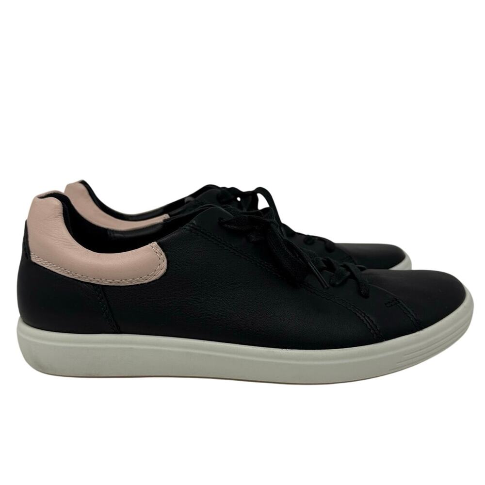 ECCO Women's 10 Soft Black Leather Sneakers Lace Up Comfort Shoes Pink Heel Trim
